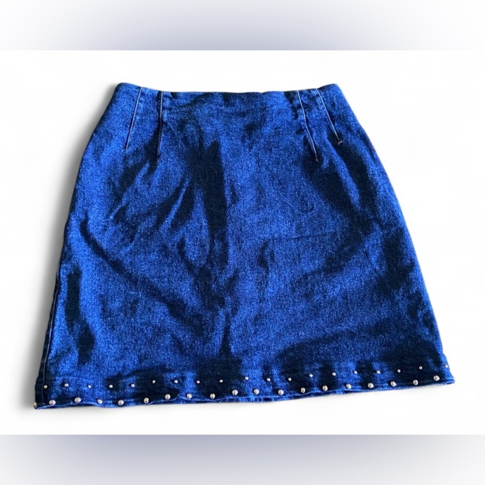 Vintage Vertigo Paris Denim Blue Jean Mini Skirt with Studs Womens Size 4 Y2K